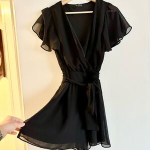 Beautiful black chiffon playsuit dress style tie waist wrap style